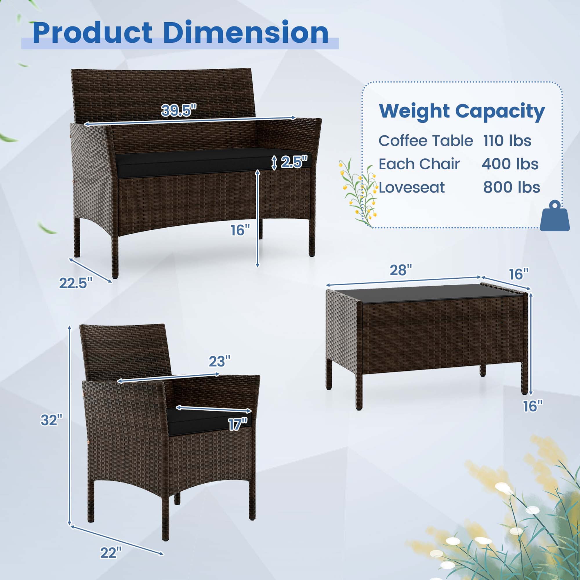 Costway 8 PCS Patio Furniture Set with Washable Cushions and Tempered Glass Coffee Table Black