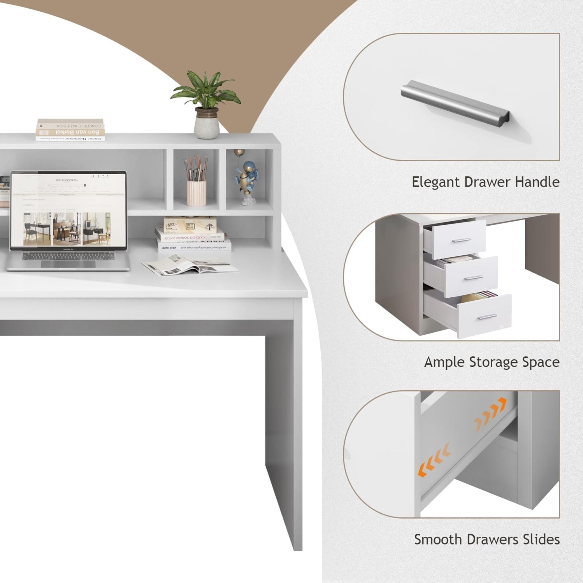 46-Inch Home Office Desk with Hutch & 3 Storage Drawers, White Finish, Small Space Writing Study Table for Home Office/Study Room
