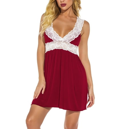 Aofany Sexy Sleepwear Lace Chemise V Neck Nightgown Full Slip Babydoll Nightwear