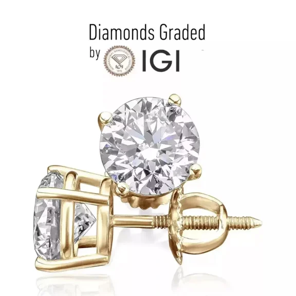 Diamond Stud Earrings IGI Certified Lab Grown 4.00 Carat F Vs1 14k Yellow Gold