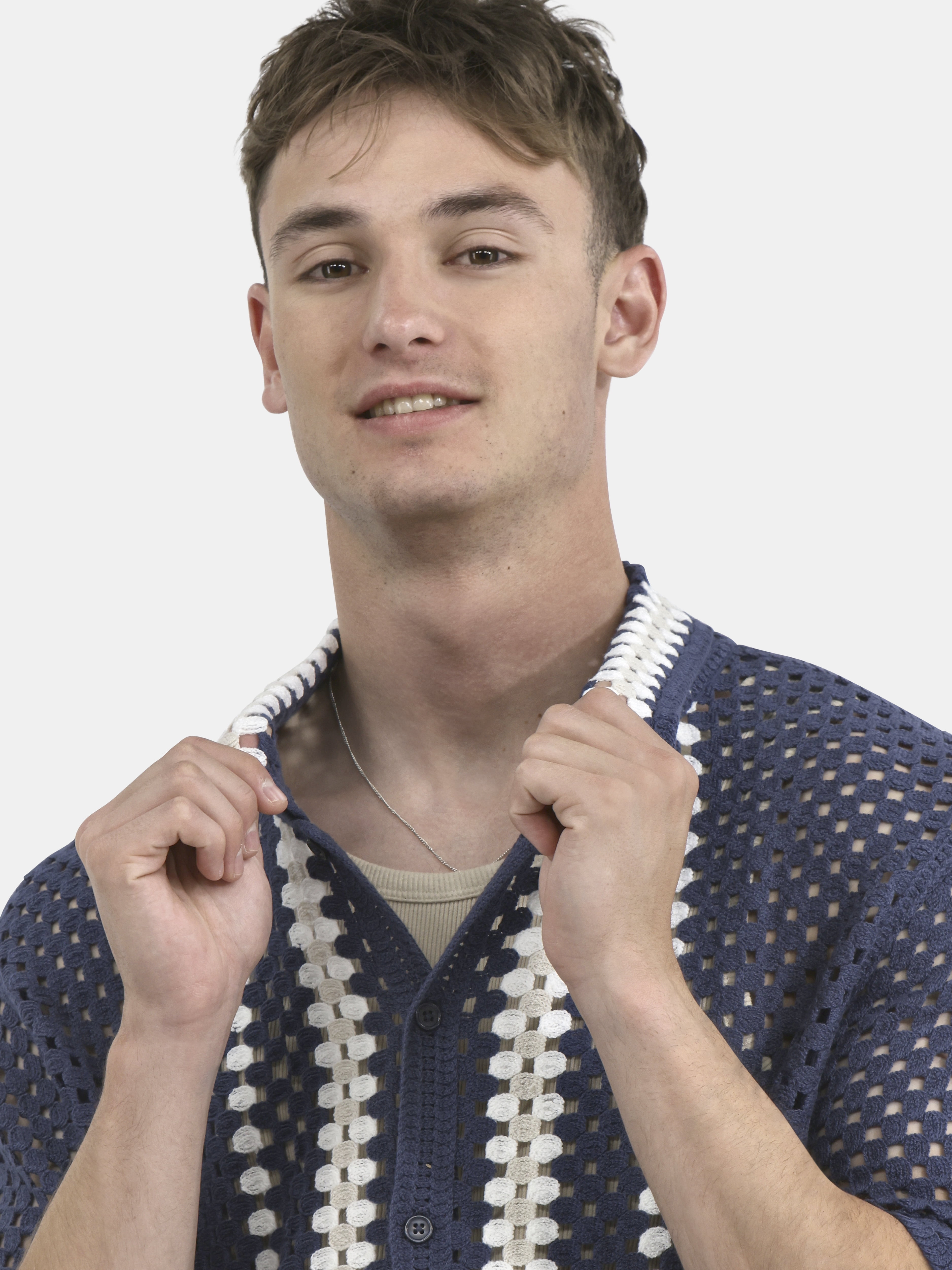 No Boundaries Faux Crochet Button-Up Polo Shirt, Men's and Big