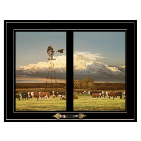 

Summer Pastures (Holstein cows with windmill) by Bonnie Mohr Ready to Hang Framed Print Black Window-Style Frame