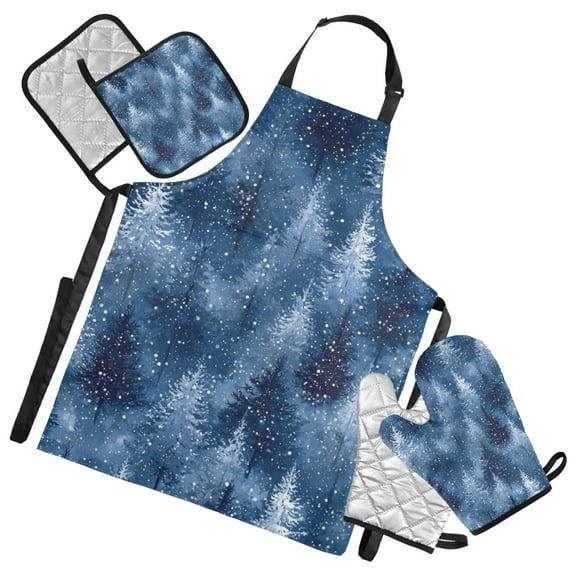 Blue Christmas Tree Forest Apron Set with Oven Mitts Pot Holders Set of 5 Kitchen Stuff Accessories