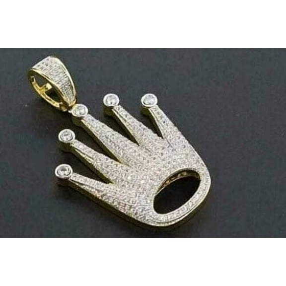 2 Ct Round Real Moissanite Diamond Crown Pendant 14K Yellow Gold Plated