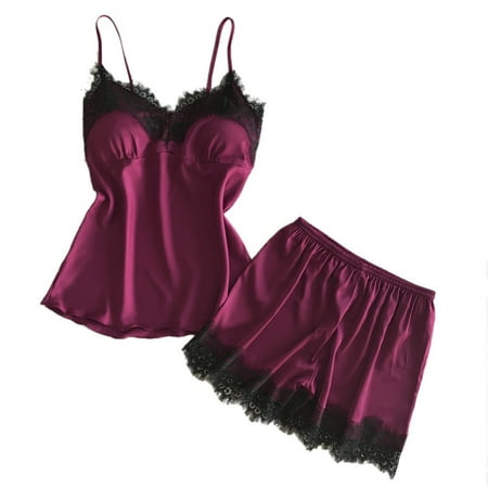 Midwennn Womens Sexy Satin Sling Sleepwear Lingerie Lace Bowknot Nightdress Underwear and Stockings and Sleeves