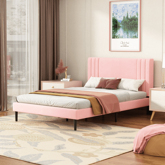 Unizone Full Size Bed Frame with Headboard, Modern Striped Design Style, Pink