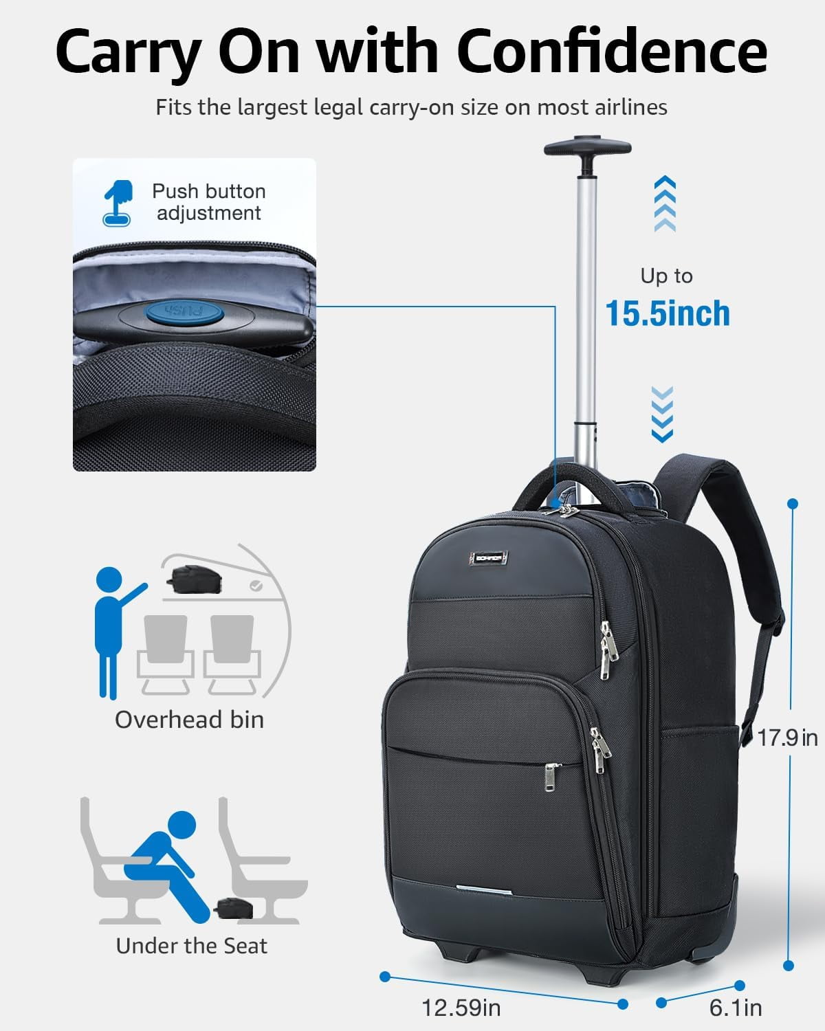 Rolling Backpack, 30L Travel Laptop Backpack with Wheels, 15.6 Inch Roller Carry on Luggage, Flight Approved Personal Item Wheeled Suitcase for Men Women Adults, Black