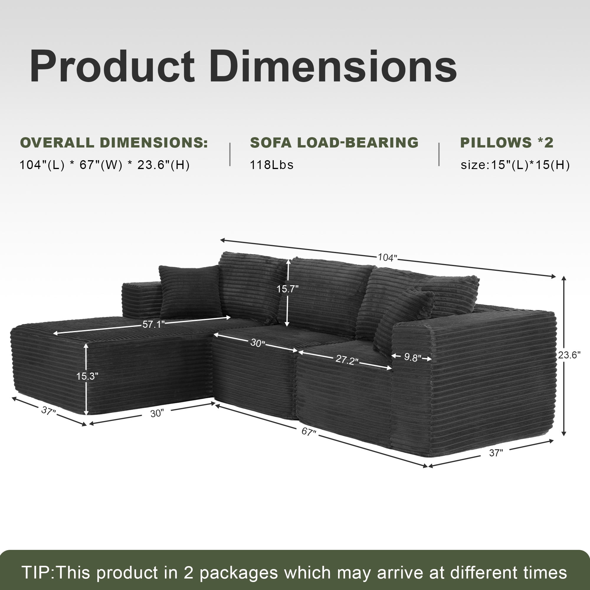 MAYEERTY Modern Corduroy Modular Sectional Sofa - Boneless Couch for Apartments & Studios, 104"W x 67"D Gray