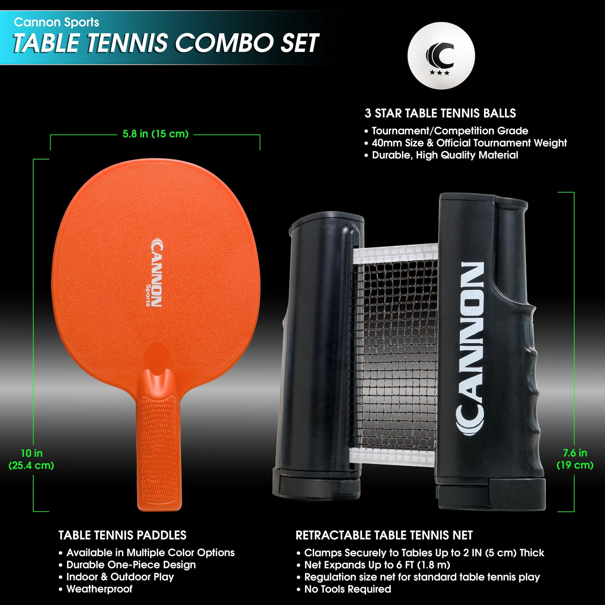Cannon Sports Table Tennis Set – 4 Unbreakable Paddles, 6 3-Star Balls, Retractable Net & Carry Bag – Clamp-On Portable Ping Pong Net Fits Tables up to 2 Inch Thick, Extends to 6 Feet (Orange)
