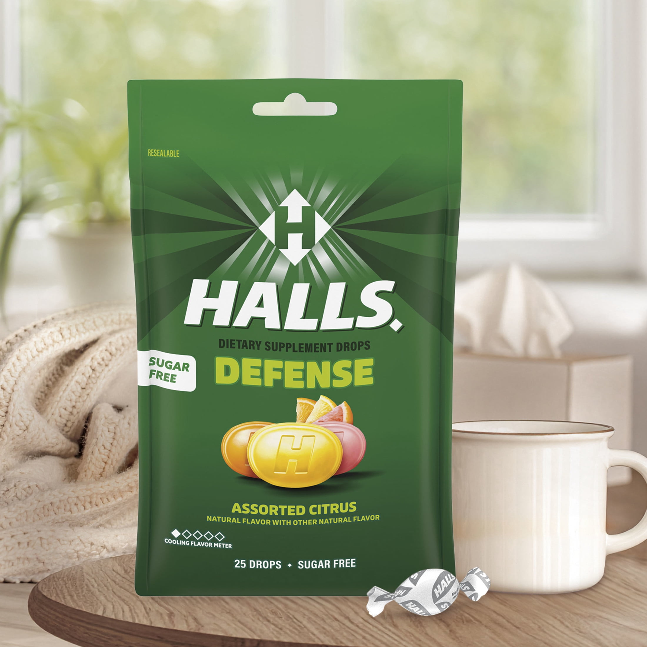 HALLS Defense Assorted Citrus Sugar Free Throat Drops, Vitamin C Dietary Supplements, 25 Drops