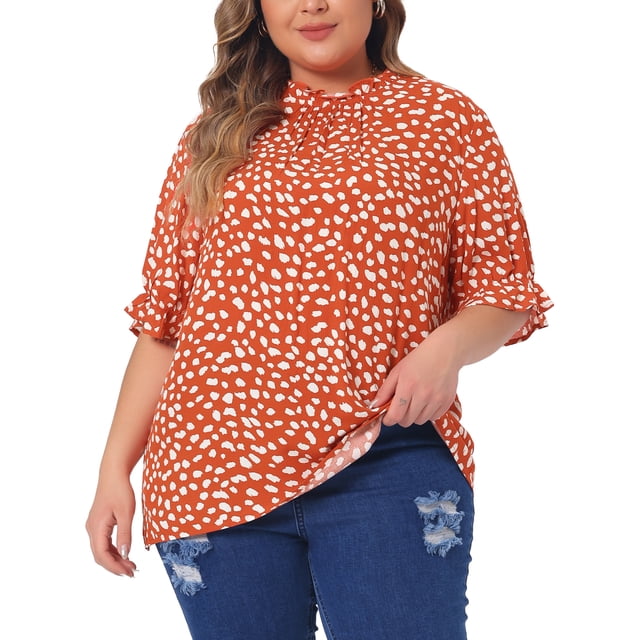 Blusas de mujer de talla grande GRACE & GRANDEUR con puntos de lunares, dobladillo con volantes, manga corta y cuello simulado 1X naranja