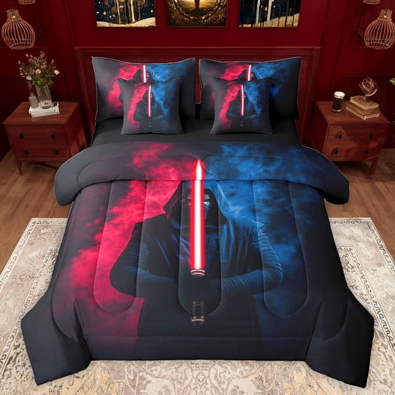 Castle Fairy Teens Red Lightsaber Twin Bedding Sets 7-Piece,Abstract Gradient Bedding Comforter Set Microfiber,Japanese Samurai Breathable Sheet Sets,Ultra Soft Home Decor,Reversible