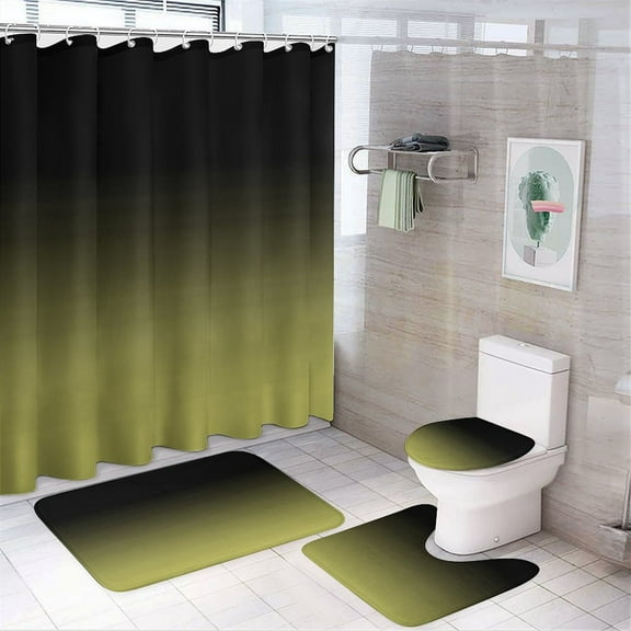 Shower Curtain Set 4 Piece include Shower Curtain and Rugs and Non Slip U Shaped Toilet Rugs Luxury Bathroom Decor Olive Green Dark Faded