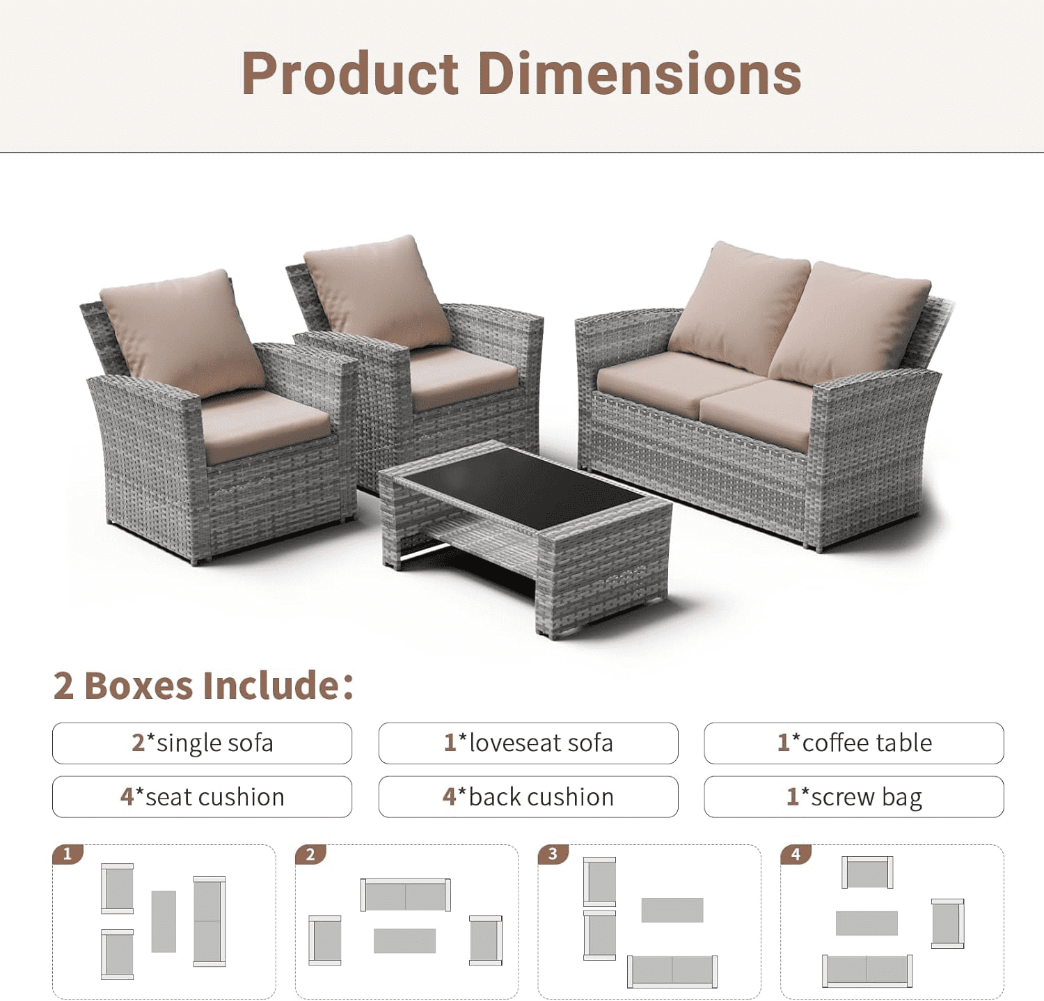 ELPOSUN Wicker Patio Furniture Set, 4 Piece Outdoor Sectional Conversation Sets, Gray PE Rattan Patio Sofa Set for Balcony, Porch, Backyard, Khaki