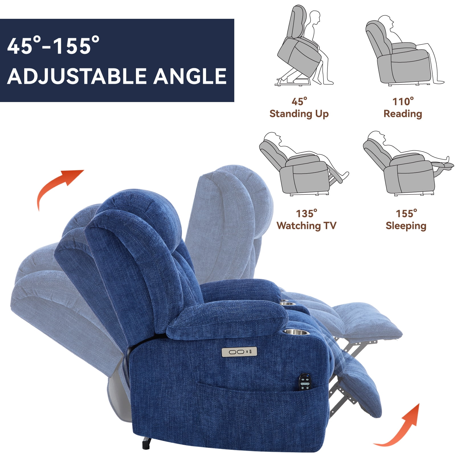 Power Lift Recliner Chair with Heat and Massage, 8-Point Vibration & Lumbar Heat, 350LB Capacity, Infinite Position, USB Charger, Side Pockets, Soft Fabric for Elderly, Dark Blue