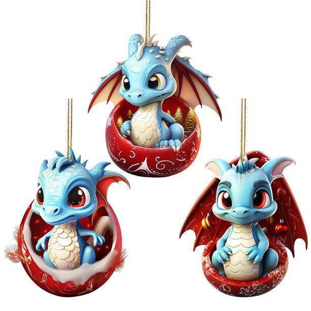 3 piezas de acrílico Flying Dragon Baby 2D plano árbol de Navidad coche adornos colgantes