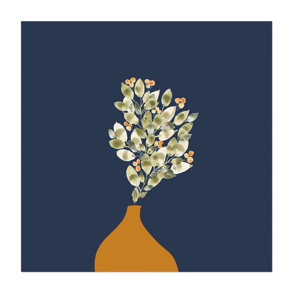 Watercolor painting of green leaves in an orange vase - Mixed Media Botanical Floral Watercolor Minimalist Modern Art Illustration Nature Unframed Wall Art Print 6 x 6 inches