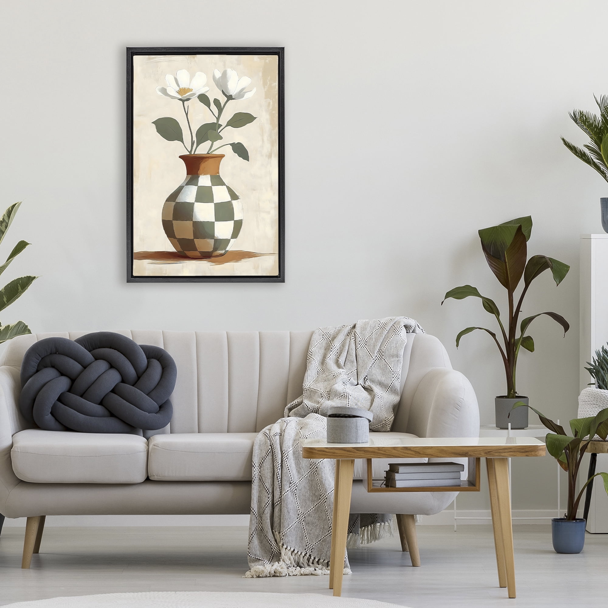 Stupell Industries Checkboard Green Flower Vase Black Framed Floater Canvas Wall Art, design by Creative Studio