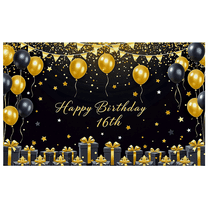 Black Gold Happy Birthday 16th Banner Background with Balloons Stars and Gifts Party Supplies Photography Props Birthday Decoration Party Decorations Backdrop