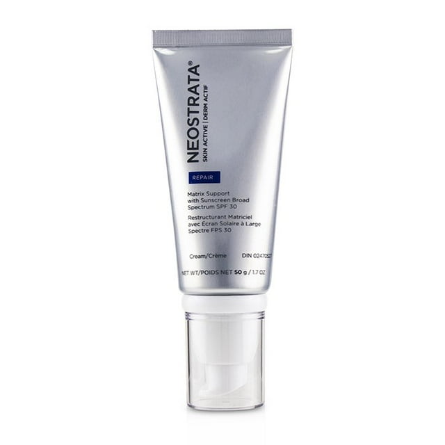 crema de día neostrata skin active derm actif repair spf 30 tubo plateado frontal con dispensador; crema facial SPF 30 que mejora textura y tono, aumenta firmeza y reduce la apariencia de líneas finas, envase con logo NEOSTRATA visible; también adecuada para llevar en viajes cortos.