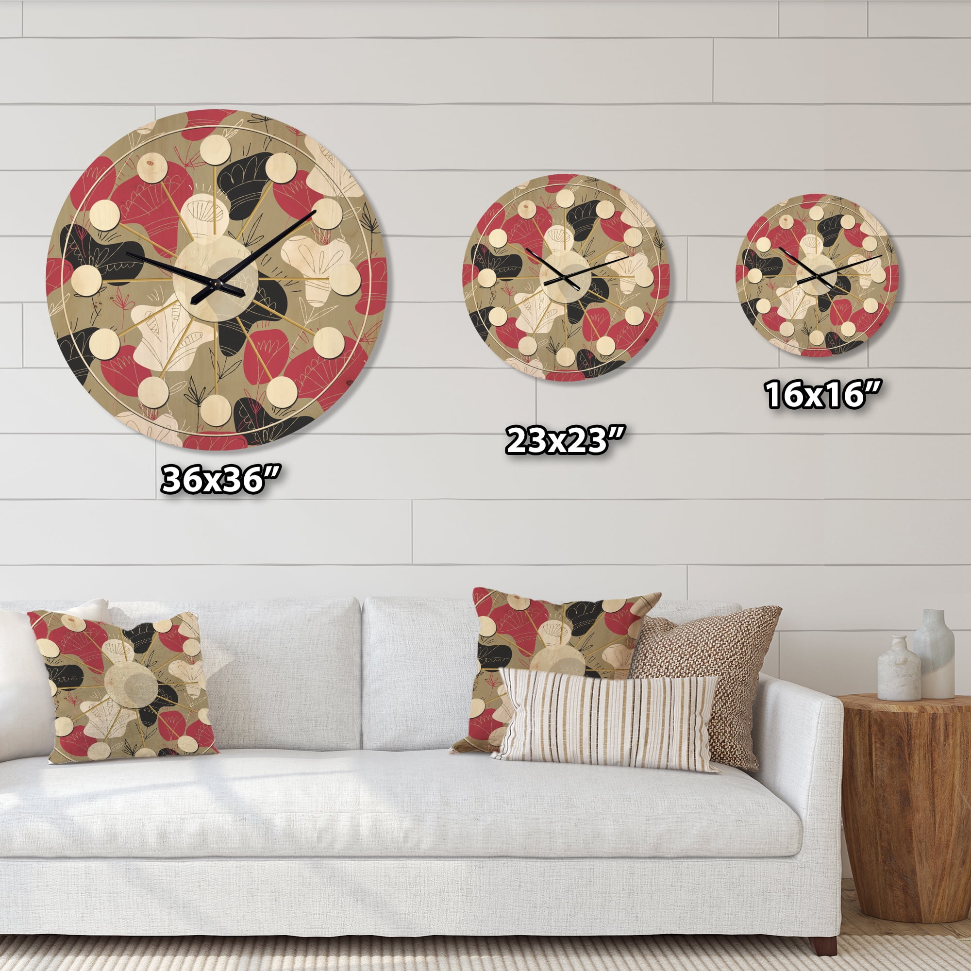 Designart 'Folk Flowers Retro Pattern' Mid-Century Modern Wood Wall Clock