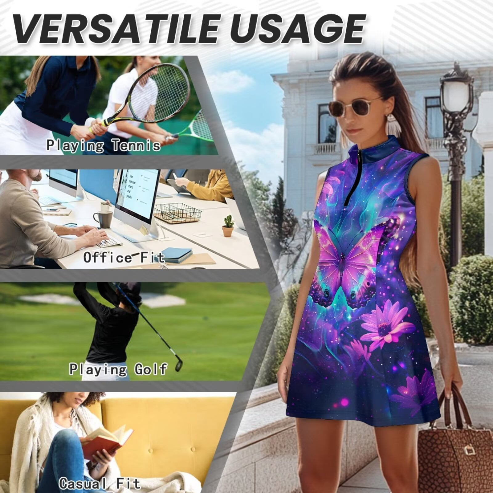 Yuyamidu Sunflower Butterfly Womens Golf Dress Size L Anti Wrinkle Active Exercise Athletic Dresses for Women Sleeveless Golf Outfits for Women with Shorts Pockets