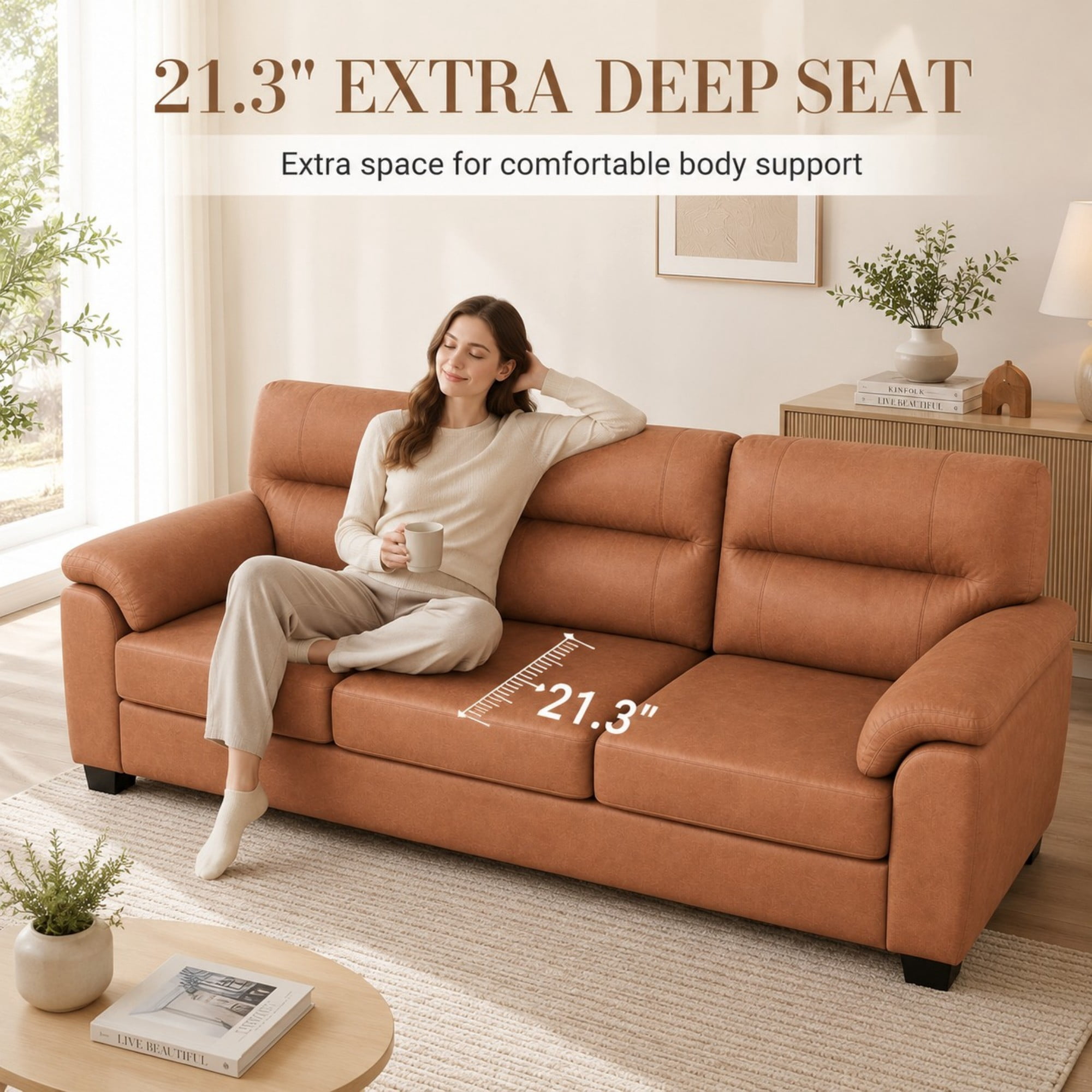 DEALTOPS 84" Tech Cloth 3-Seat Sofa, Mid-Century Vintage Couch with Pillow Arms, Brown