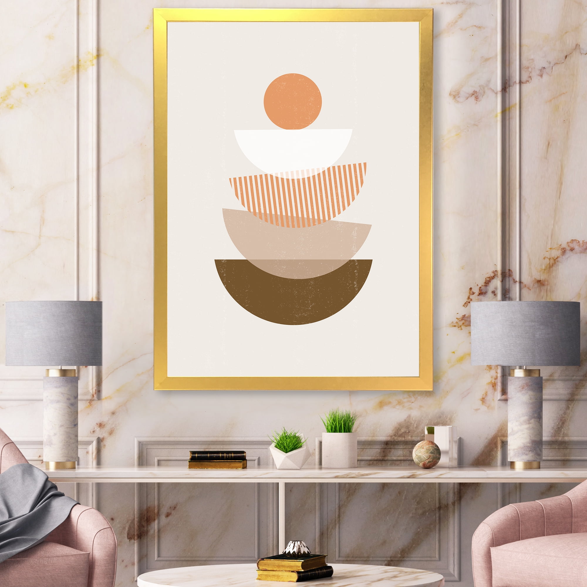 Designart 'Abstract Moon and Sun Geometrics In Terracotta I' Modern Framed Art Print