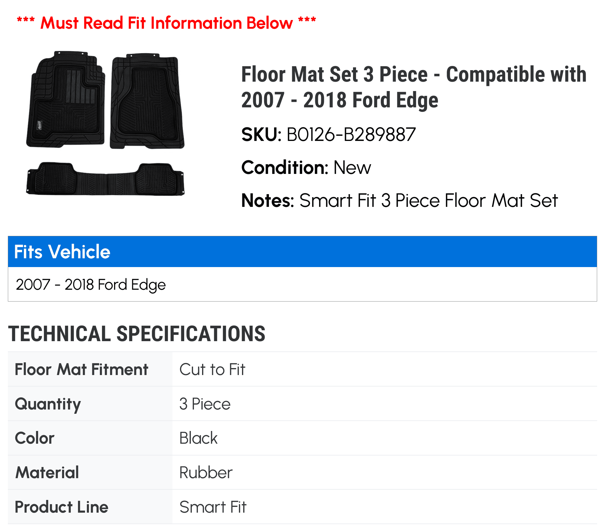 Floor Mat Set 3 Piece - Compatible with 2007 - 2018 Ford Edge 2008 2009 2010 2011 2012 2013 2014 2015 2016 2017