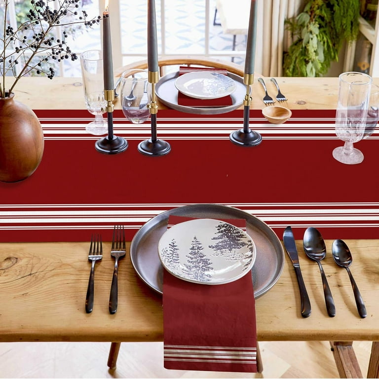 Merry Christmas Table Runner - 13x108 Inch Cotton Linen Buffalo Plaid, Christmas Tree Farm Design For Holiday Decor