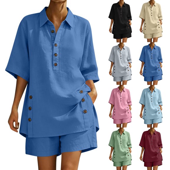 Women's Two-Piece Commuter Set Solid V Neck Button Top & Shorts Set Casual Summer Cotton Linen 2-Piece Outfit Loose Breathable Casual Wear