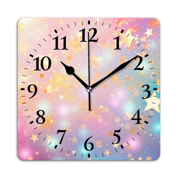 Non-Ticking Silent Wall Clocks Battery Operated Personalized Decor Clock for Living Room,Bedroom-Pastel Rainbow Background With Twinkling Golden Stars(10inch)