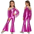 thumbnail image 6 of TiaoBug Girls Metallic One Shoulder Flared Jumpsuit 70s Disco Dance Outfit Kids Pageant Party Formal Romper Hot Pink 10, 6 of 7