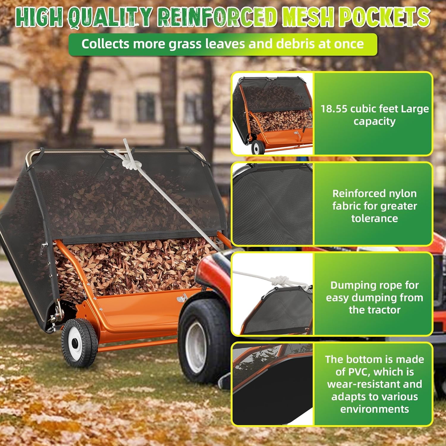 42" Tow Behind Lawn Sweeper Leaf Collector Sweeper for Lawn 18.55 Cu FT Capacity