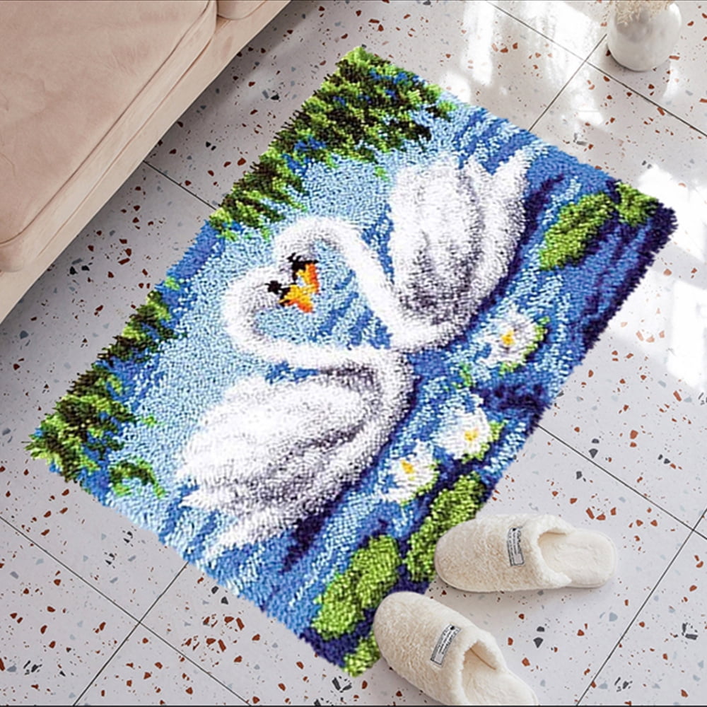 Latch hook rug kit,latch hook cushion kits,Swan Latch Hook Rug Kit for Adults Crocheting Carpet Rug Yarn Sofa Cushion Mat Tapestry DIY Carpet Arts Crafts 50×38cm/20*15in