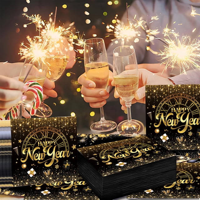 Servilletas de papel de Nochevieja en Negro y Dorado de 20 - Vajilla desechable de 16,5x16,5 pulgadas para decoraciones navideñas