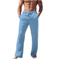thumbnail image 2 of Wyobmus Straight Leg Linen Pants for Men Summer Cotton Lounge Pants Drawstring Waist Open Bottom Jersey Pants with Pockets Green, 2 of 5