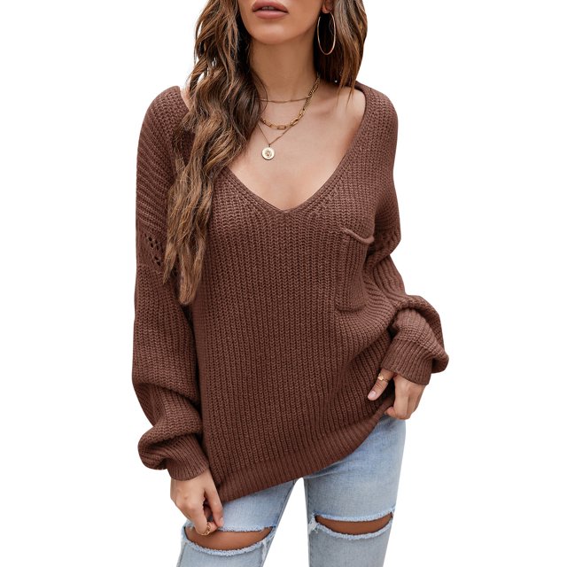 Suéter de las mujeres Suéter de punto suelto para mujer Jerseys Cuello en V Ahueca hacia fuera Tops casuales 1 1