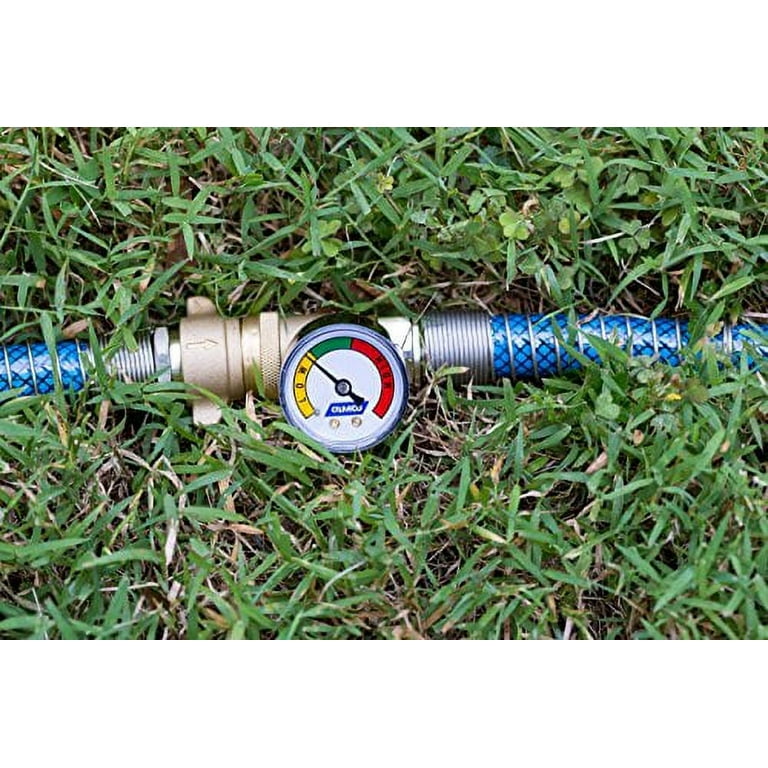 Camco Brass Water Pressure Regulator with Gauge- Helps Protect RV Plumbing and Hoses from High-Pressure City Water - Easy Read Gauge, Lead Free (40064) Camco Brass Water Pressure Regulator with Gauge- Helps Protect RV Plumbing and Hoses from High-Pressure City Water - Easy Read Gauge, Lead Free (40064)