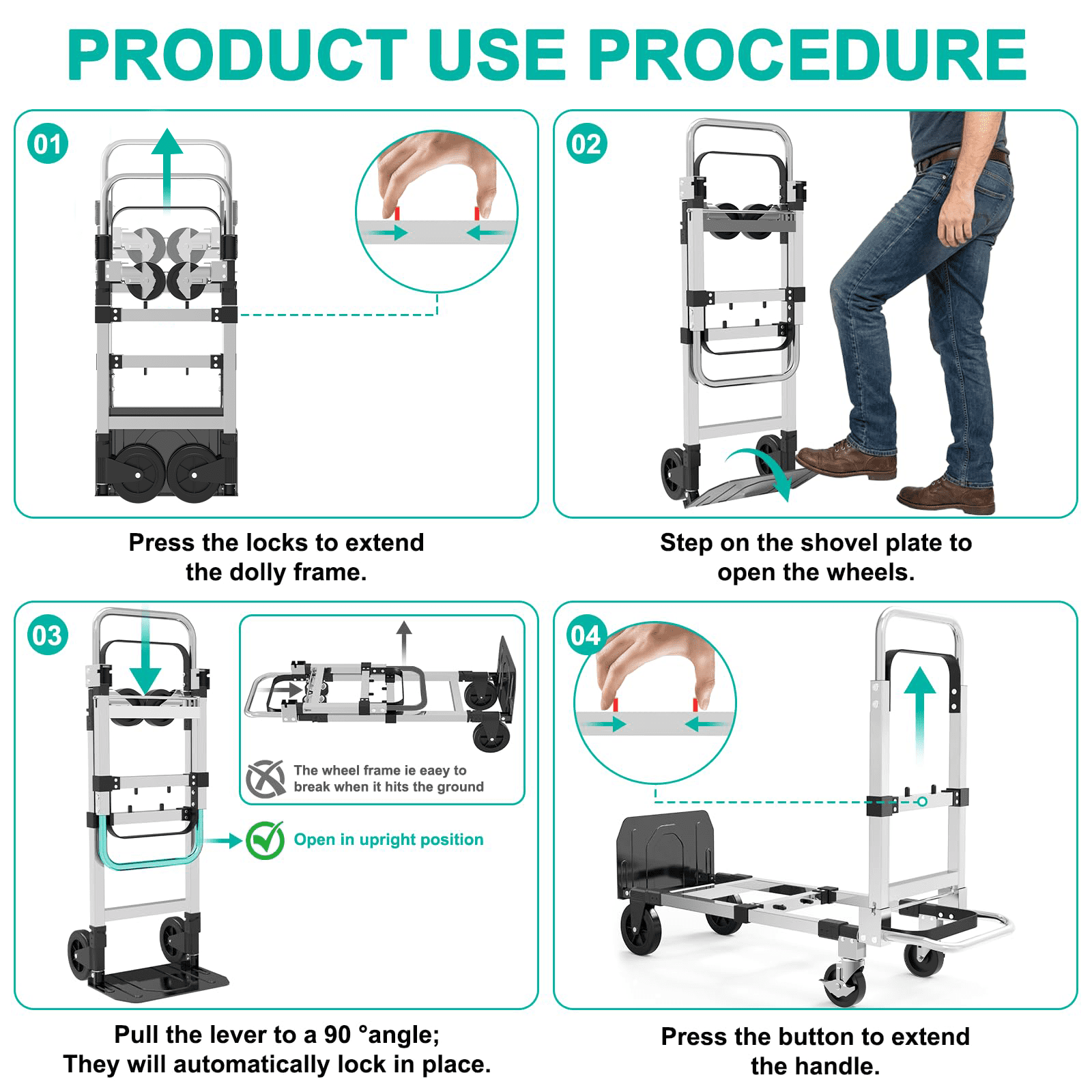 Foldable Hand Truck, 3-in-1 Aluminum Collapsible Dolly Cart with 4 Rubber Wheels and Retractable Handle, Portable Moving Dolly, Black