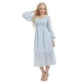 thumbnail image 3 of YM YOUMU Women Embroidered Dots V Neck Smocked Empire Waist Long Puff Sleeves Midi Chiffon Dress, 3 of 5