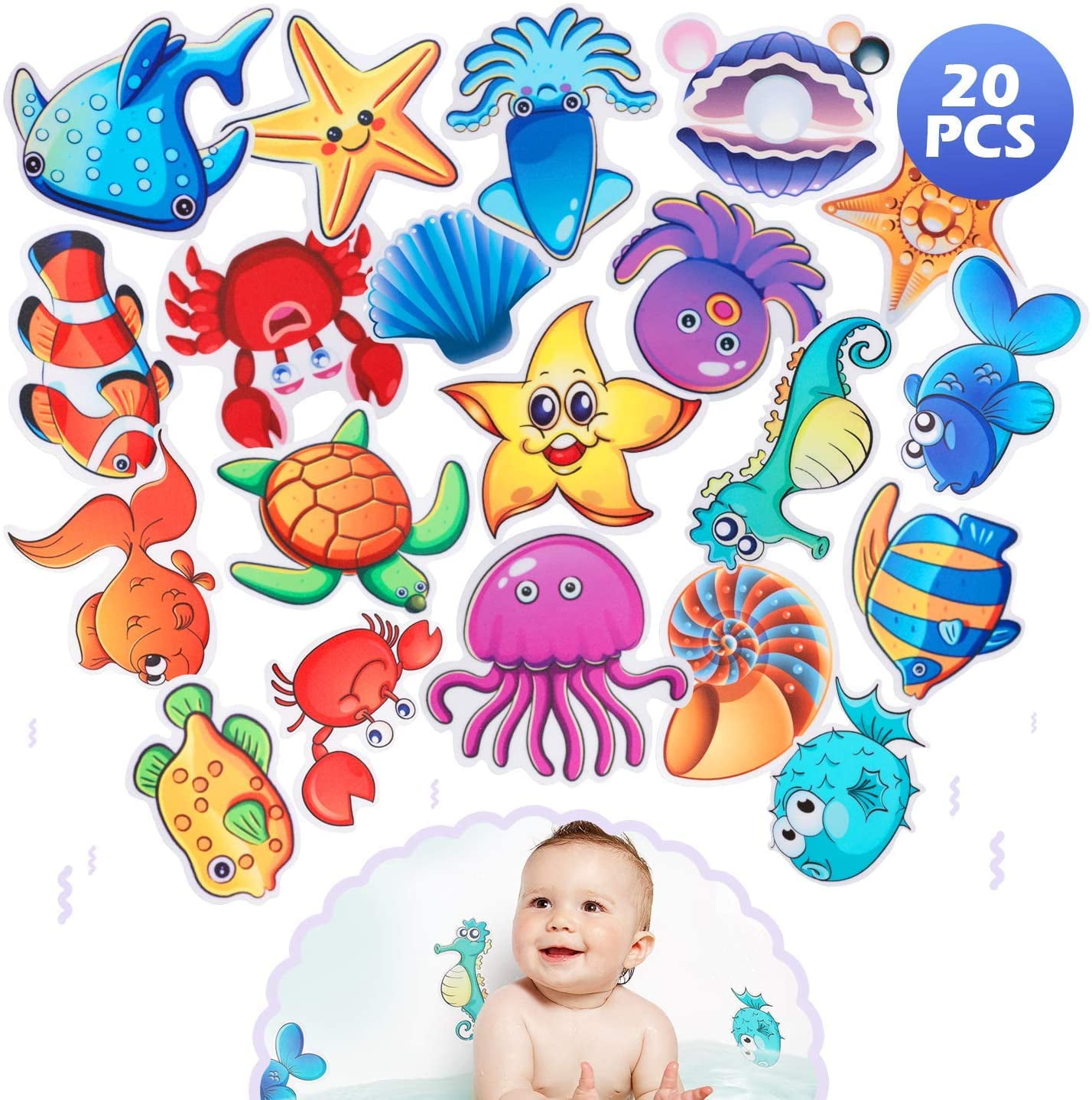 LNGOOR 20PCS Marine Organism Stickers Tub Tattoos Sea Animal Decals Treads Adhesive Appliques with Scraper for Stairs,Refrigerators, Windows, Bathtub,Mirrors and Other Smooth Surfaces Decoration
