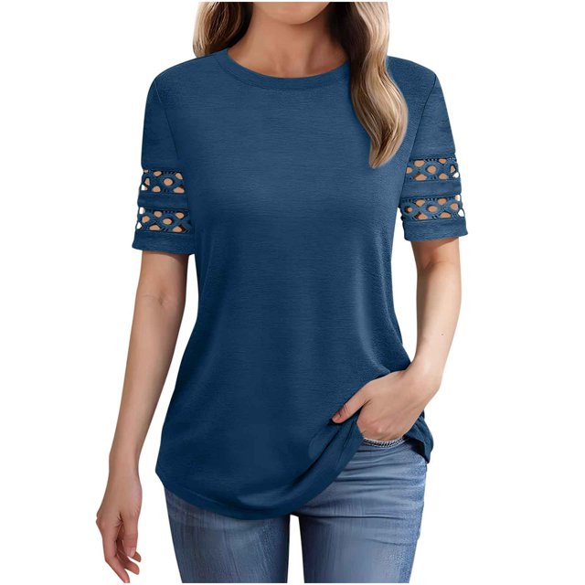 LOVZFMLL Hauts pour Femmes Été 2025 T-Shirts Décontractés Habillés Col Rond Manches Courtes Tenues de Travail Printemps Blouses Tendance Marine G