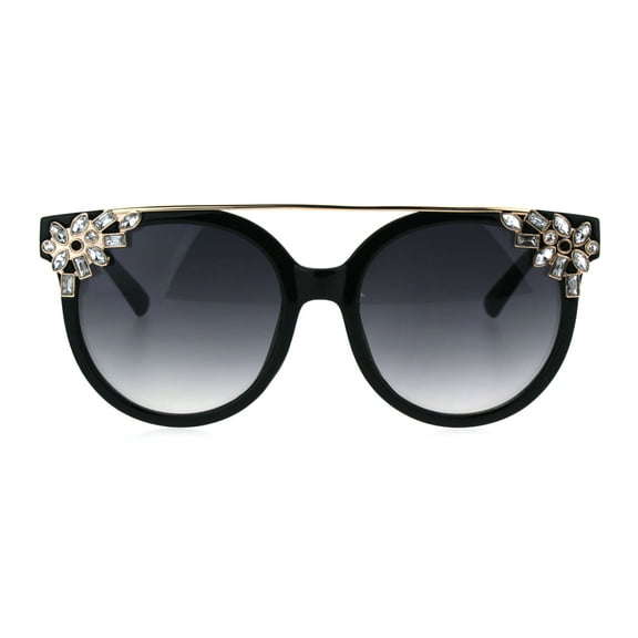 Womens Flat Top Rhinestone Jewel Horn Round Diva Sunglasses Black