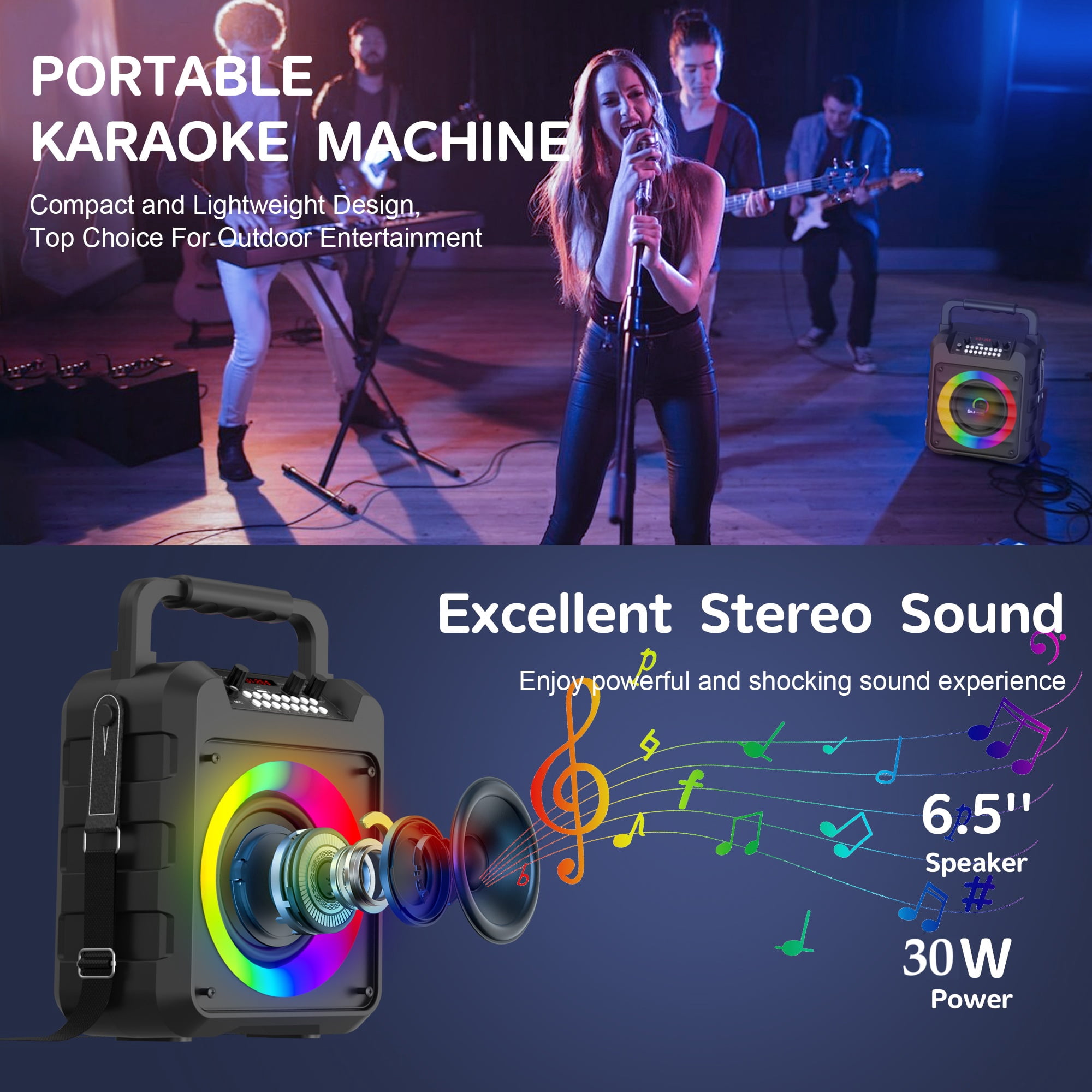 Karaoke Machine with 2 Wireless Microphones, Portable 30W Home Speaker System for Adults with Disco Lights and Strap