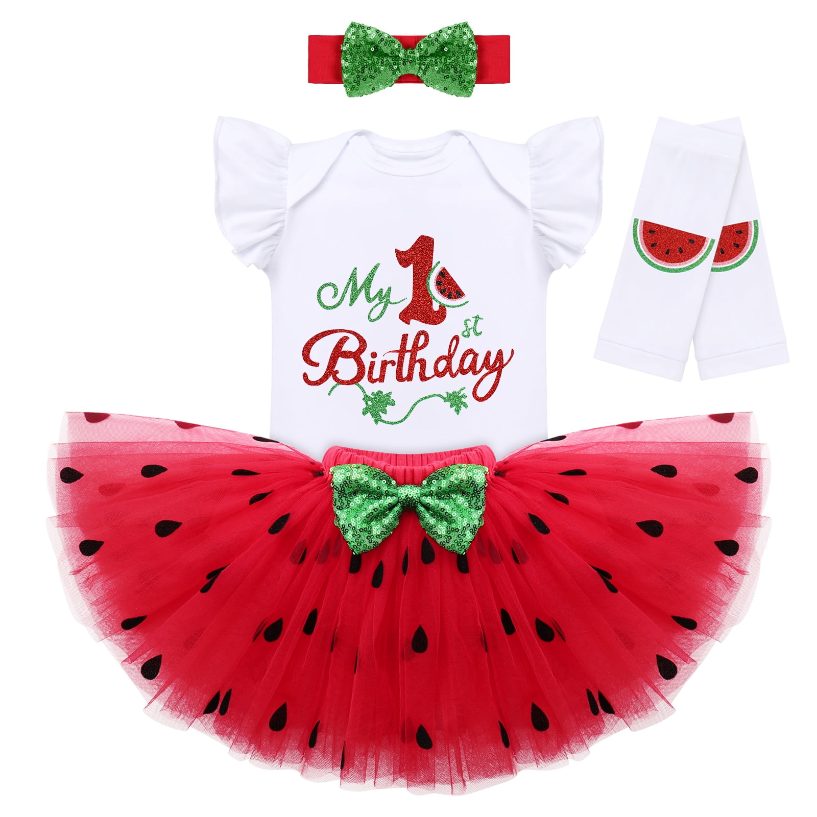 IBTOM CASTLE Baby Girls Watermelon 1st/2nd Birthday Outfit Princess Ruffle Romper Tutu Skirt Leggings Headband 4pcs Clothes Set 12 Months Red-My 1st Birthday