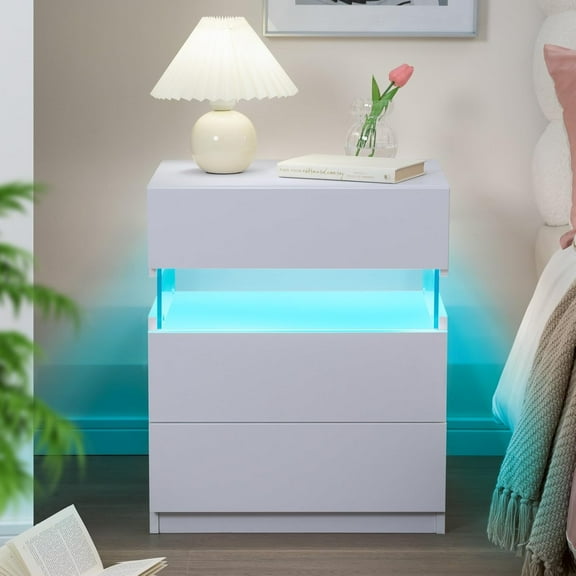 LED Nightstand Modern Night Stand for Bedroom Bedside Table with 3 Wood Drawers End Side Table