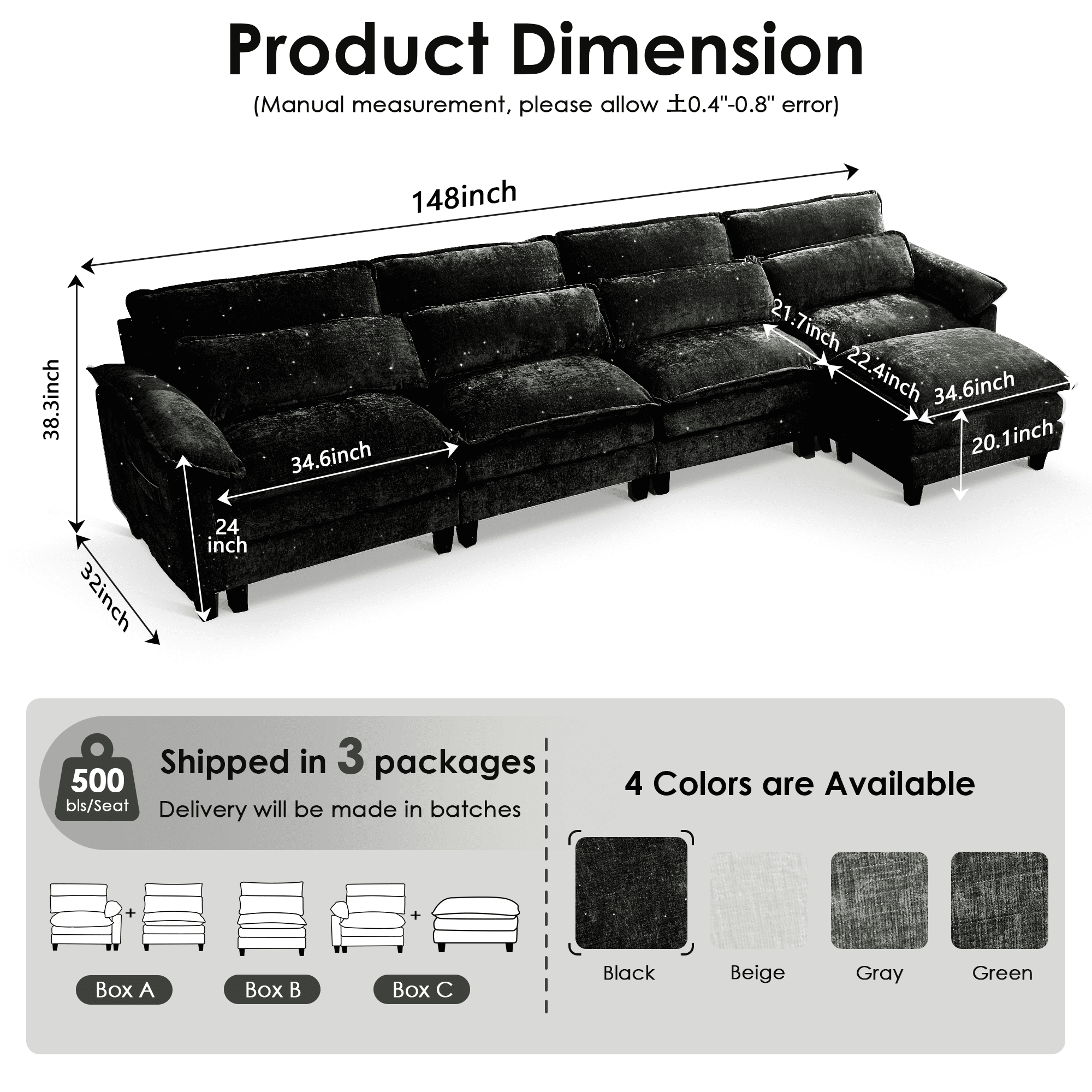 UBERLYFE 148" L Shaped Cloud Modular Sectional Sofa, Deep Wide Seat Couch with Ottoman, USB Charging Ports, Side Storage Pockets & Throw Pillows, Modern Chenille Living Room Furniture, Black