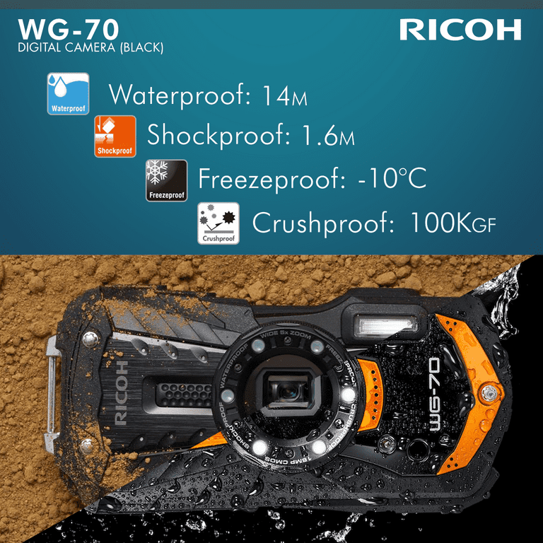 Ricoh WG-70 Durable Adventure Digital Camera (Black), 32GB Memory