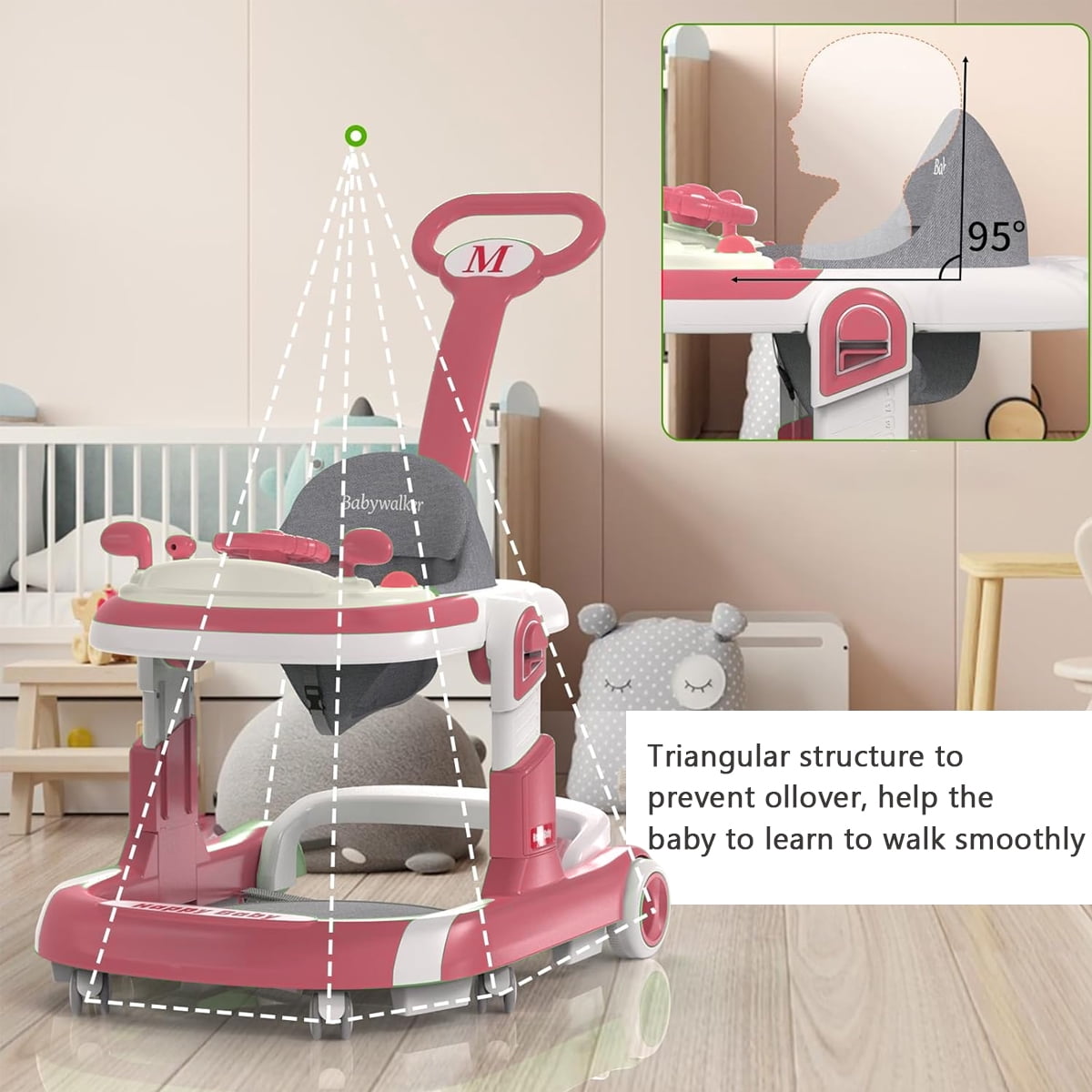 HAOUUCYIN 5-in-1 Baby Walker with Foot Pads/Handles for Girls Boys, Pink